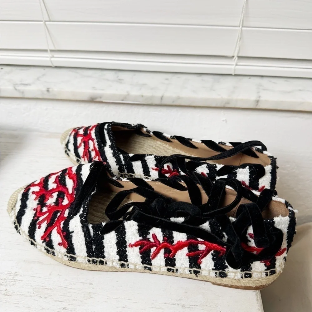 Aquazzura Coraline lace-up embroidered striped tweed espadrilles